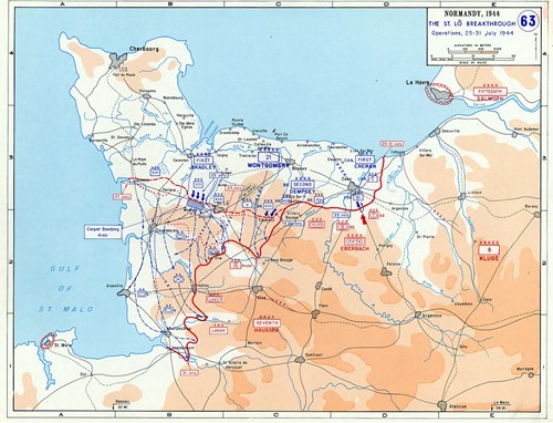 נורמנדי, צרפת. מבצע 'קוברה' (Operation Cobra) 25–31 ביולי 1944. ההבקעה דרומה מאזור סַן-לו – צוות הקרב של רוֹז תוקף וכובש את טסי-סור-ויר (Tessy-sur-Vire), כחלק מדיוויזיית שריון 2.  השטח הכחול במפה ממערב לסן-לו – אזור הפצצת השטח האמריקאי