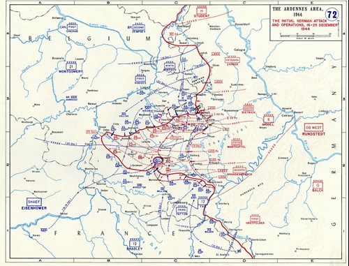 בלגייה, הארדנים. הקרב על הבליטה (Battle of the Bulge), דצמבר 1944. דיוויזיית שריון 3 בהגנה במרחב העיירה אוֹטוֹן (Hotton) באגף הצפוני של הבליטה 'History of the Military Art' by the United States Military Academy’s Department of History (נחלת הכלל)